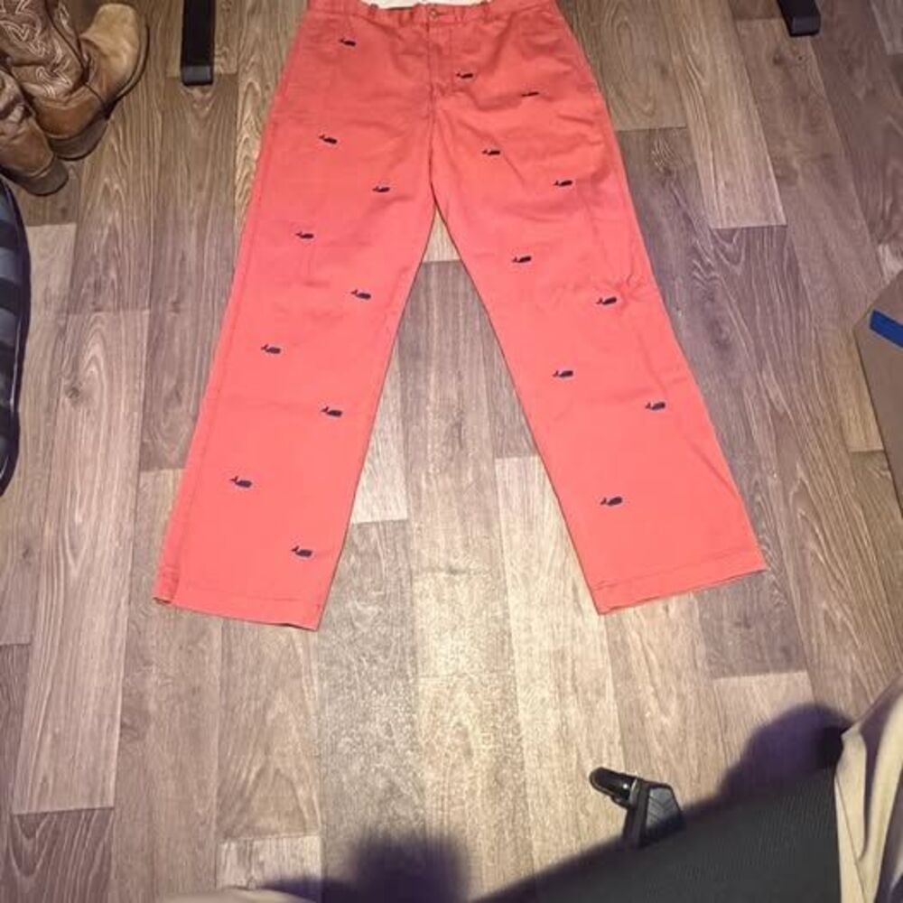 Vineyard Vines Men's Coral Pink All-Over Whale Print Chino Pants – Size 36x32